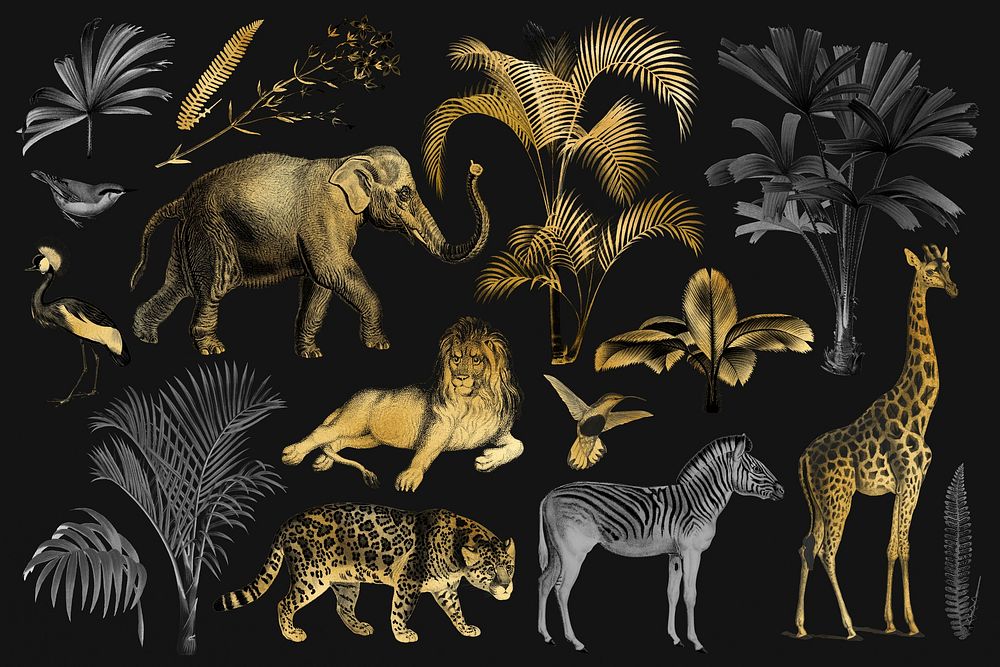 Gold wild animals vintage collage elements set psd