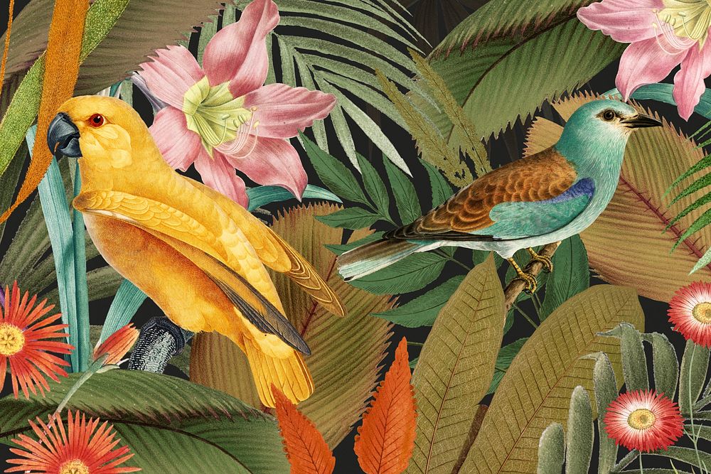 Exotic birds pattern background, jungle illustration