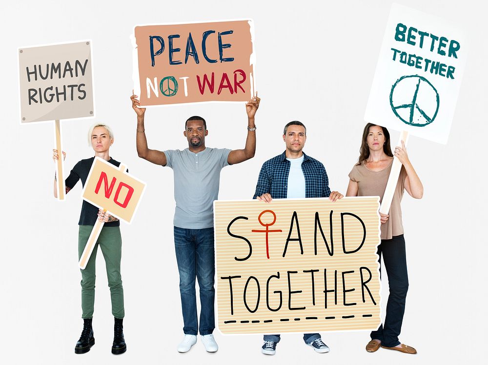 People holding protest signs, collage element psd
