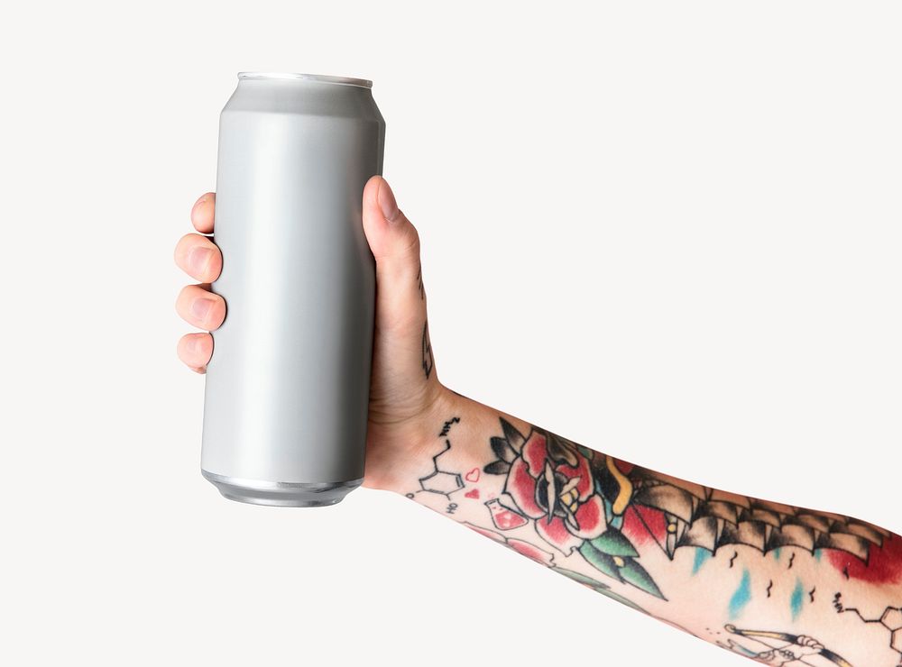 Beer can mockup in hand psd