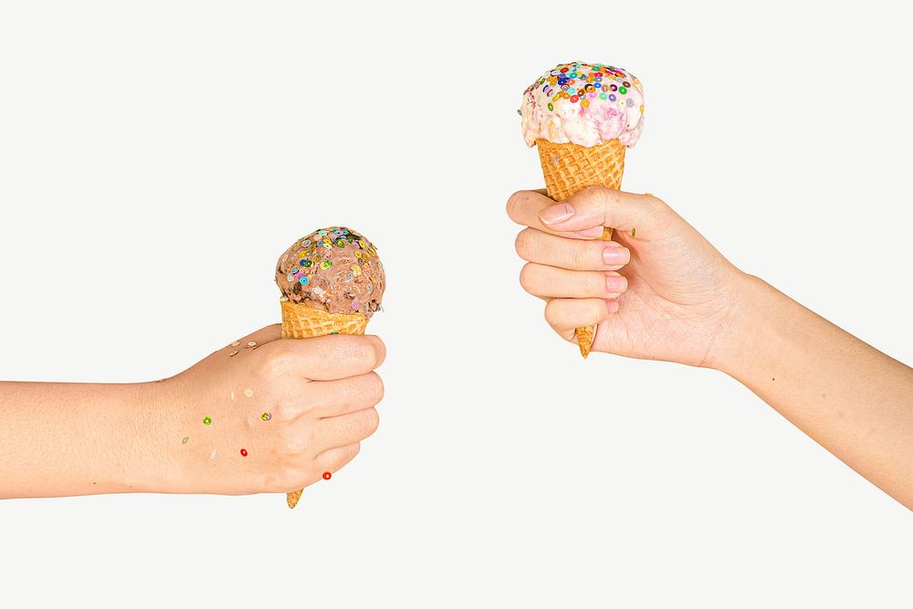 Ice cream cones, hands holding psd