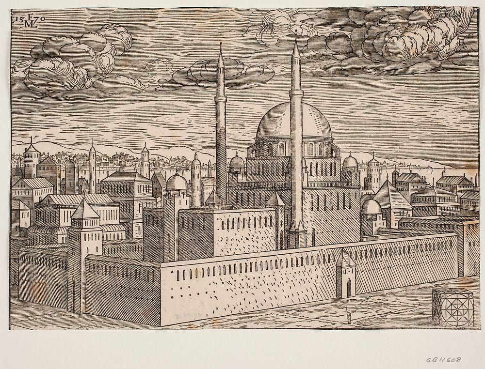 Mosque, with two minarets, as seen from the northwest by Melchior Lorck