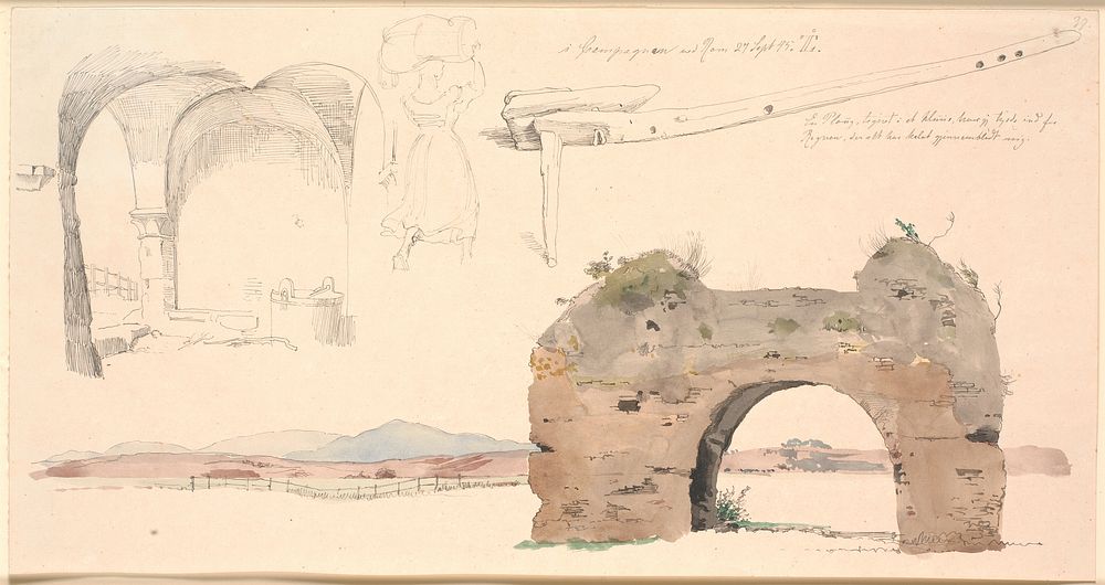 Study magazine from the Roman Campaign, Italy.Below water-colour study of the arch of a Roman aqueduct with a view of low…