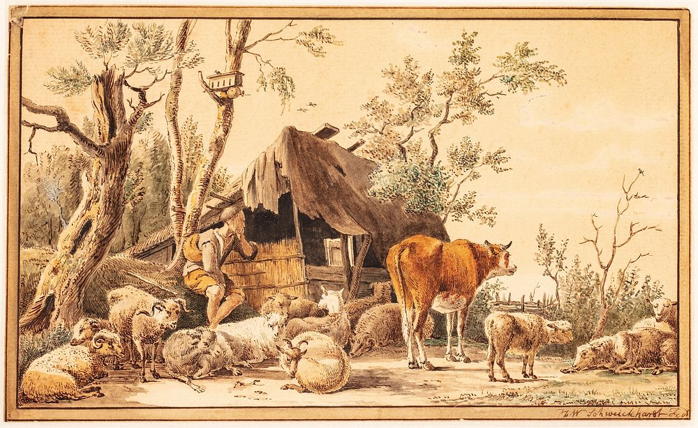 A shepherd with his flock by a shed by Hendrik Willem Schweickhardt