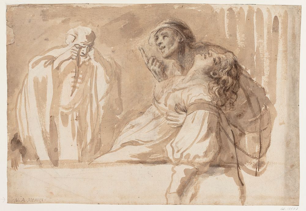A young man points upwards while supporting a dead or passed out woman, in the background an older man with a raised knife…