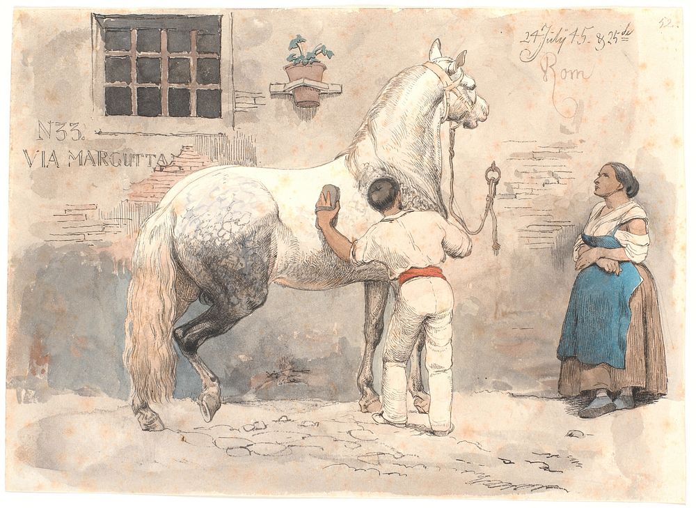 A gray moldy horse is being groomed in Via Margutta by Johan Thomas Lundbye