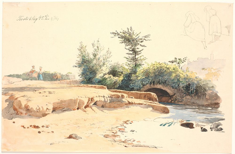 Partially dried riverbed with bridge, at top two pen studies of a girl seen from behind by Johan Thomas Lundbye
