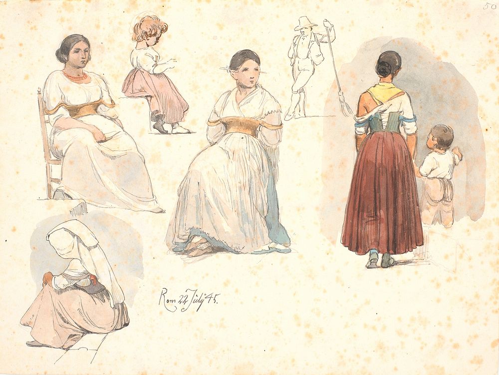 Four studies of Italian women, one with a child by her hand, as well as a study of a child and a study of a street sweeper…