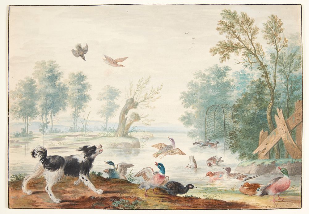 A dog and ducks by the lake by Johannes van Bronckhorst
