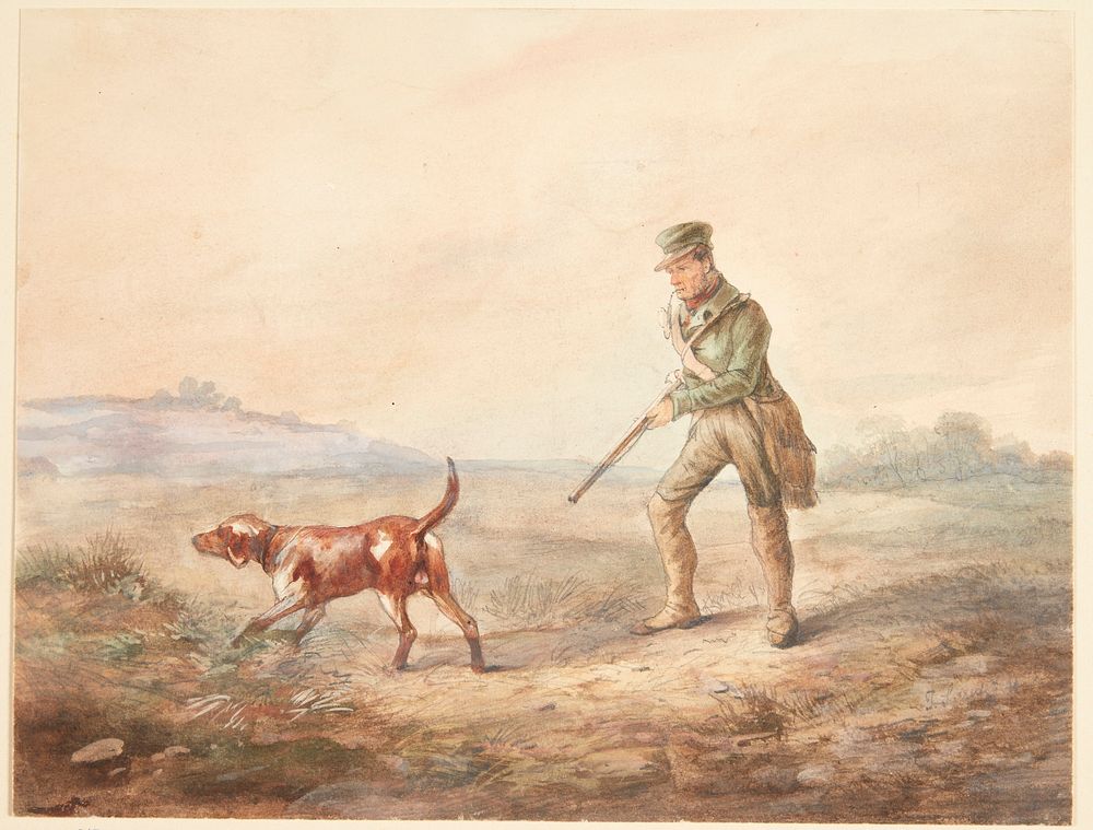 Landscape with a hunter and his dog   by unknown