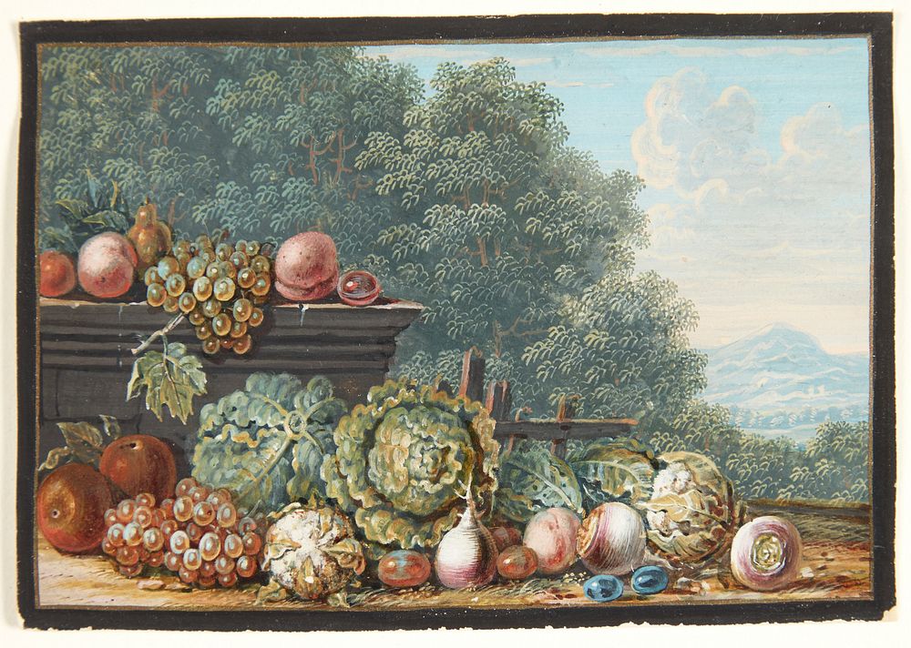 A still life with vegetables and fruits.In the background a view of a southern mountain landscape by Johann Christoph…
