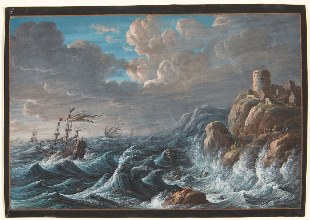 Sea piece with a rocky coast and ships in rough seas by Barbara Regina Dietzsch