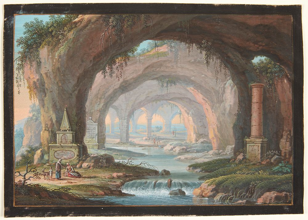 Landscape with pierced caves, grave monuments, a river and figures by Barbara Regina Dietzsch