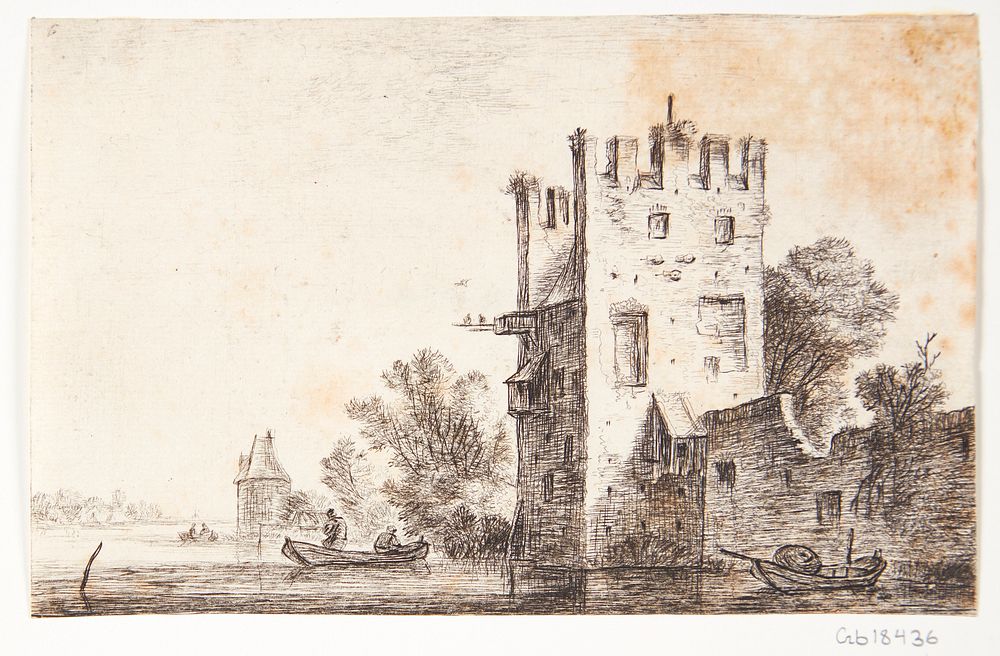 Square tower by a river, Anthonie Waterloo