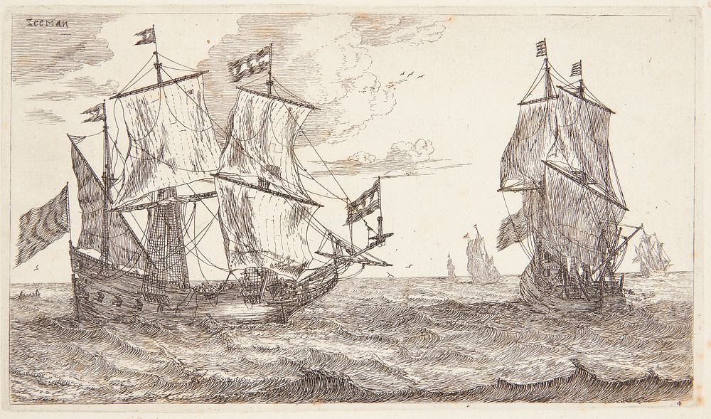 Two large sailing ships with flags by Reinier Nooms