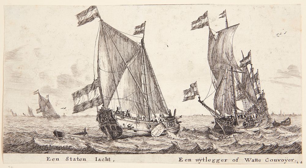 Two ships under sail, one a yacht from the Dutch States by Reinier Nooms