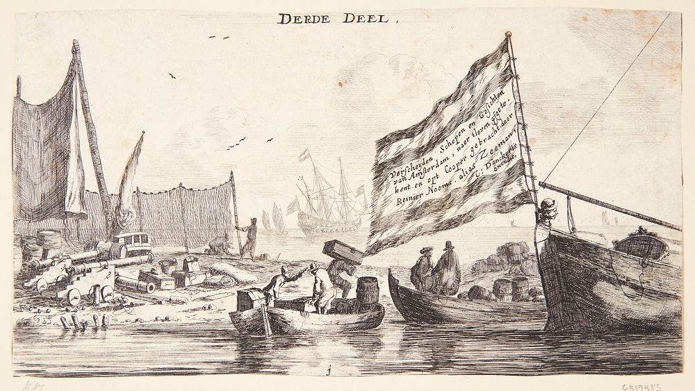 A landing pad with fishing nets and cannons.Title page for "Various Ships and Views from Amsterdam (III)" by Reinier Nooms