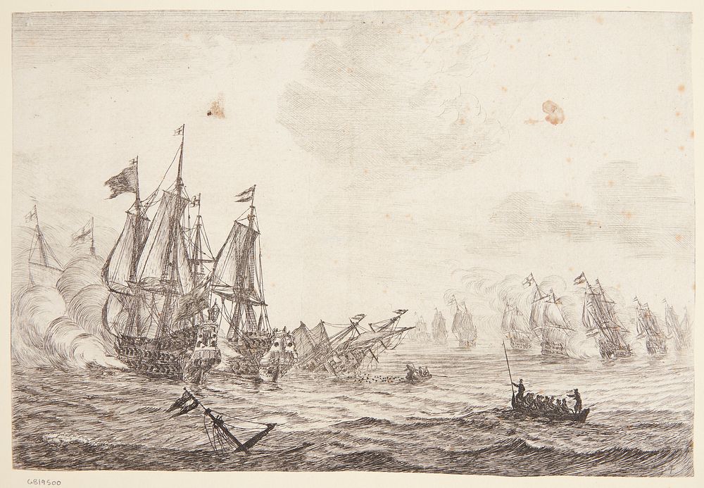 Naval battle with two sinking English ships by Reinier Nooms