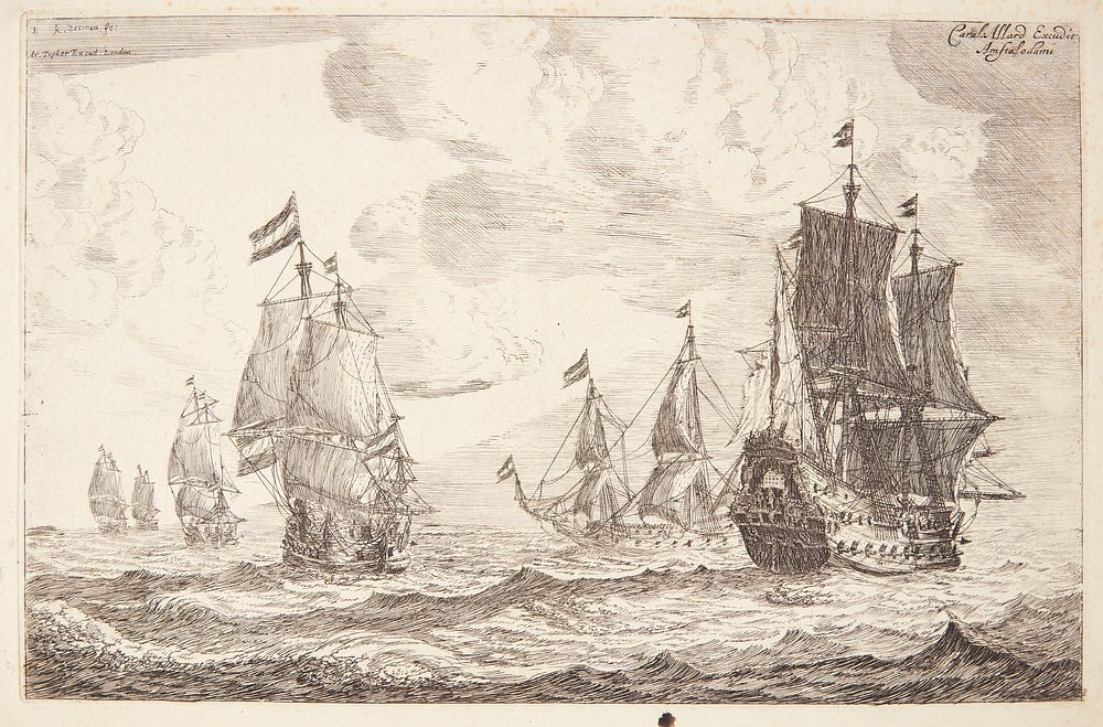 Six naval vessels at sea by Carel Allardt