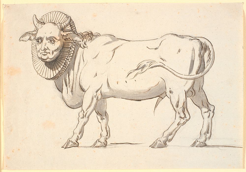 Caricature of a cleric, in the form of a bull with a human face and a pipe collar around his neck