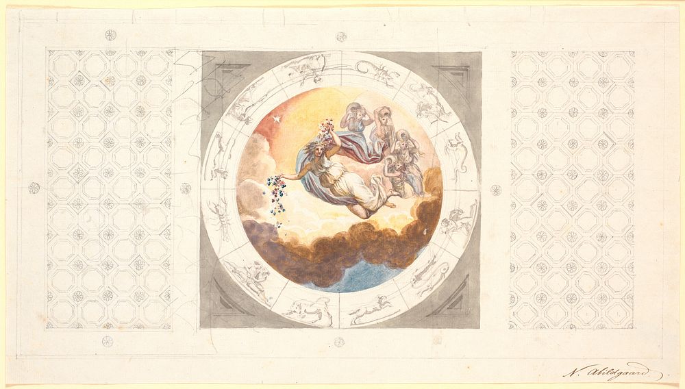 Draft ceiling decoration with cassettes and in the center a circular image with the morning spreading flowers by Nicolai…