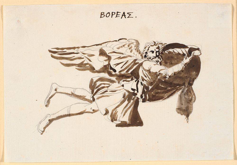 Boreas. Draft relief on the tower of the winds in Pamphilus and Davus in conversation by Nicolai Abildgaard