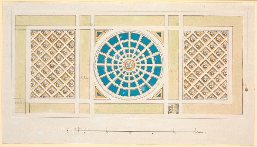 Ceiling in a forgemak in green, yellow and blue by Nicolai Abildgaard