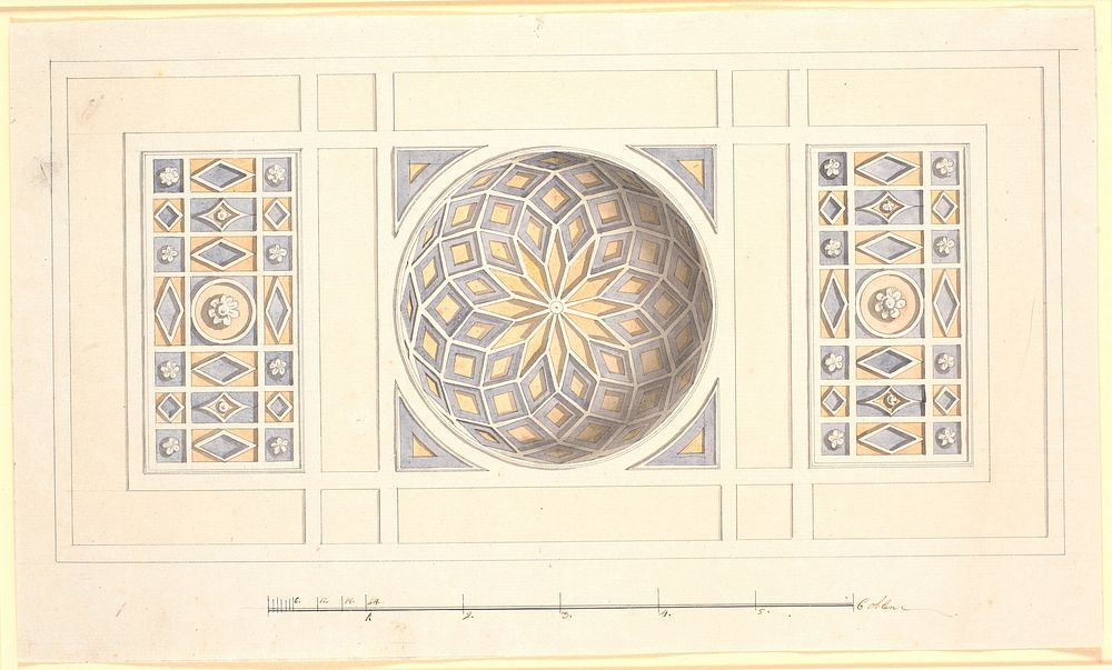 Draft for a ceiling with a vaulted central section in violet and yellow by Nicolai Abildgaard