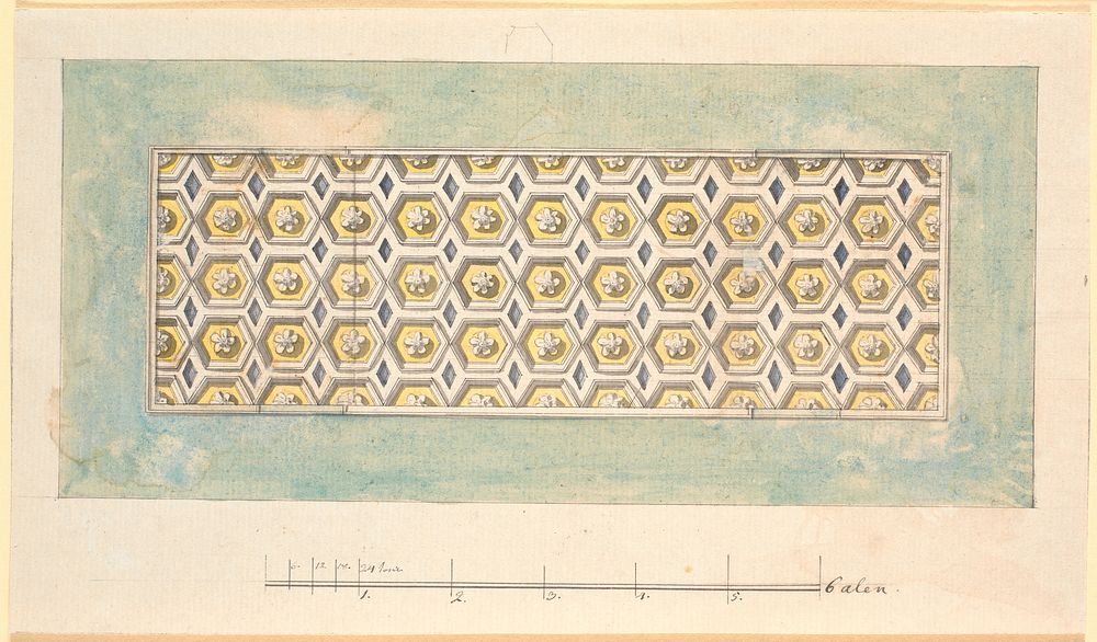 Draft for a ceiling with hexagonal yellow cassettes with a wide green stripe around by Nicolai Abildgaard