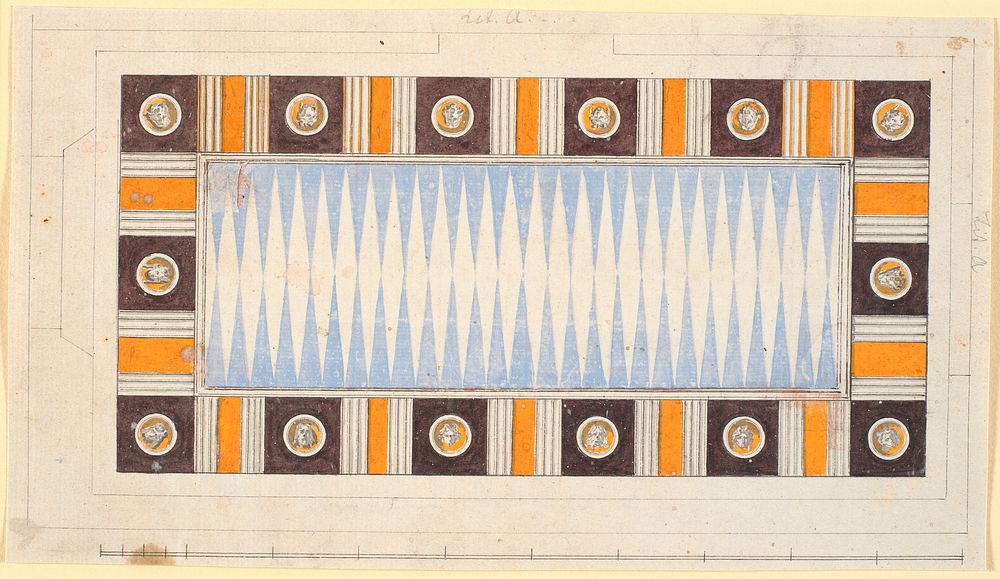 Draft for a ceiling, the center of which is covered by a double row of rays on a blue ground, while on the outside, in…