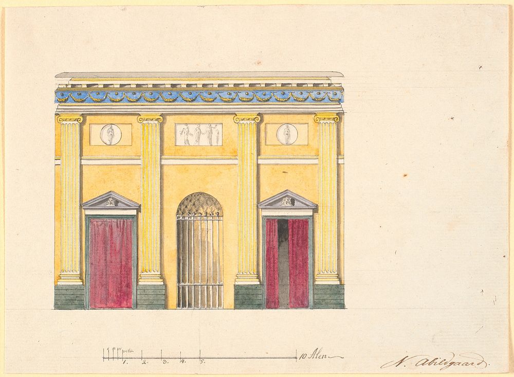 Draft for decoration of card wall in the Gallasalen, with red portieres by Nicolai Abildgaard