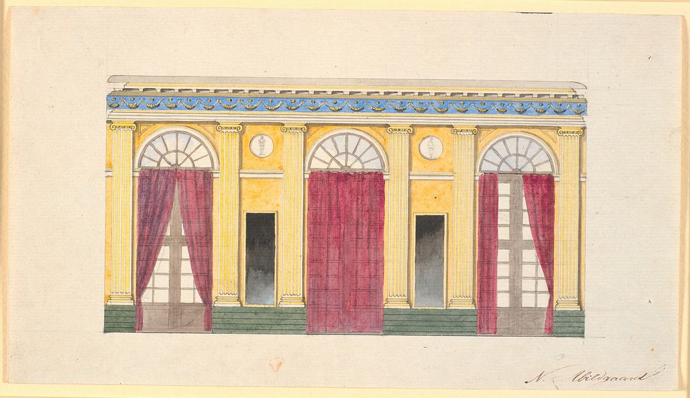 Draft for decoration of the window wall in the Gallasalen, with red portieres by Nicolai Abildgaard