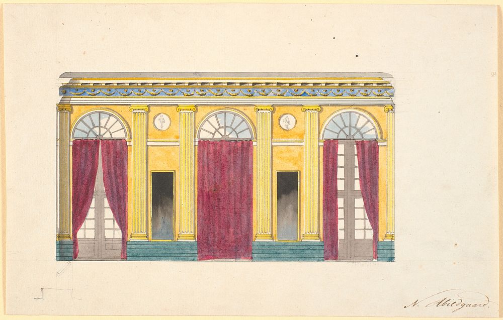 Draft for decoration of the window wall in the Gallasalen, with red portieres by Nicolai Abildgaard