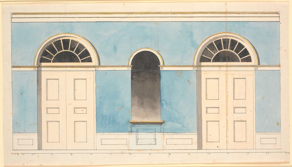 Draft for interior wall decoration in a hall with blue walls, presumably on the ground floor