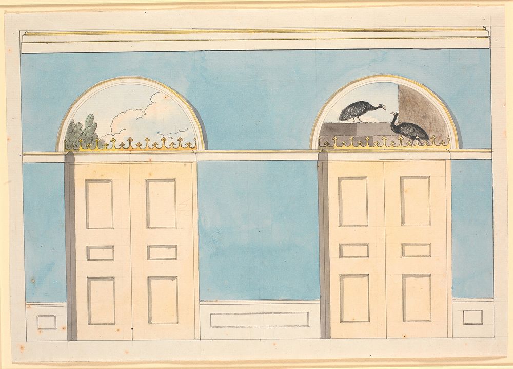 Draft wall decoration with semi-circular fields above two doors, on blue walls by Nicolai Abildgaard