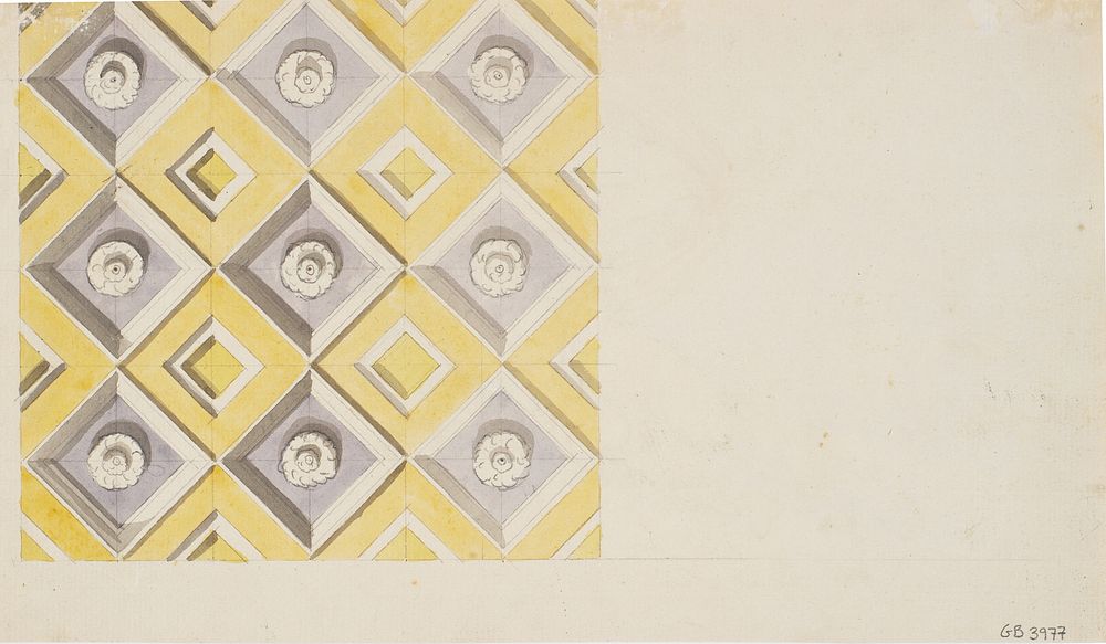Fragment of ceiling cassettes in yellow and violet by Nicolai Abildgaard