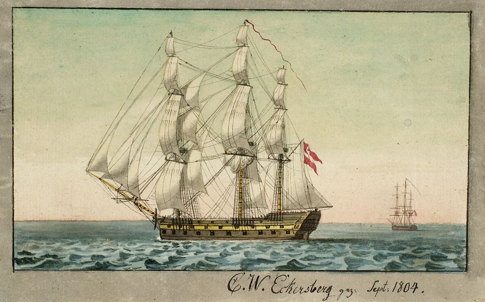 A Danish warship under sail, seen from the leeward side by C.W. Eckersberg