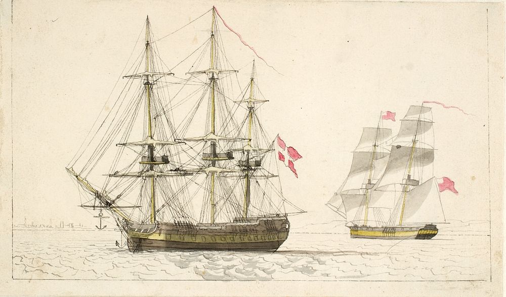 A Danish frigate at anchor and an English brig under sail by C.W. Eckersberg
