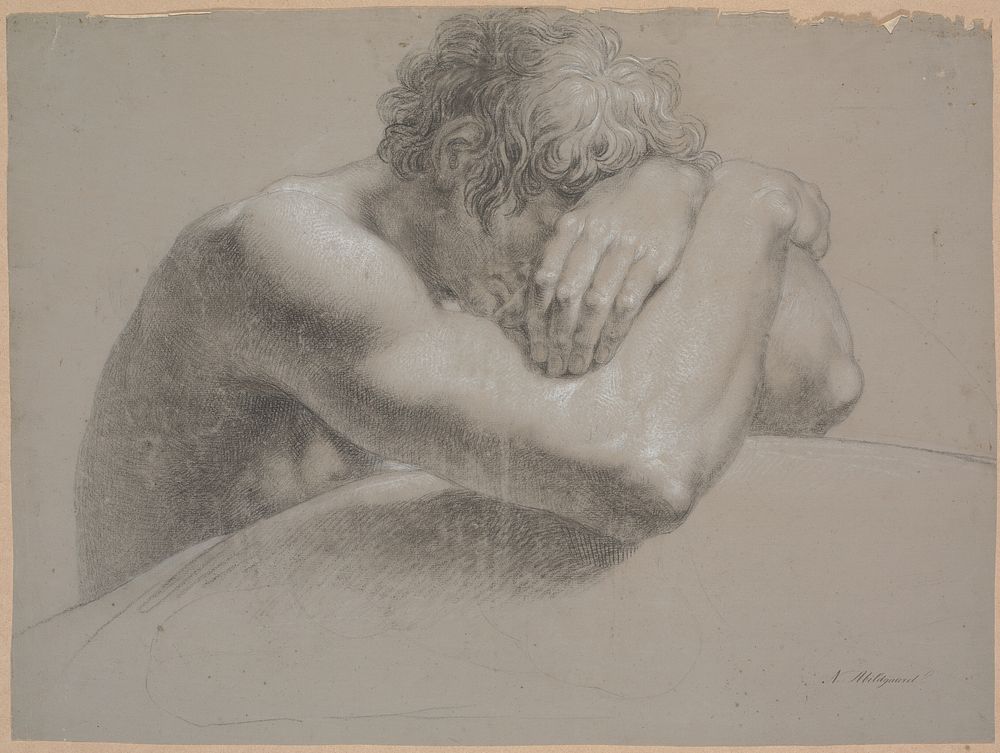 Upper body of seated model. Arms crossed.Head half hidden by left hand by Nicolai Abildgaard
