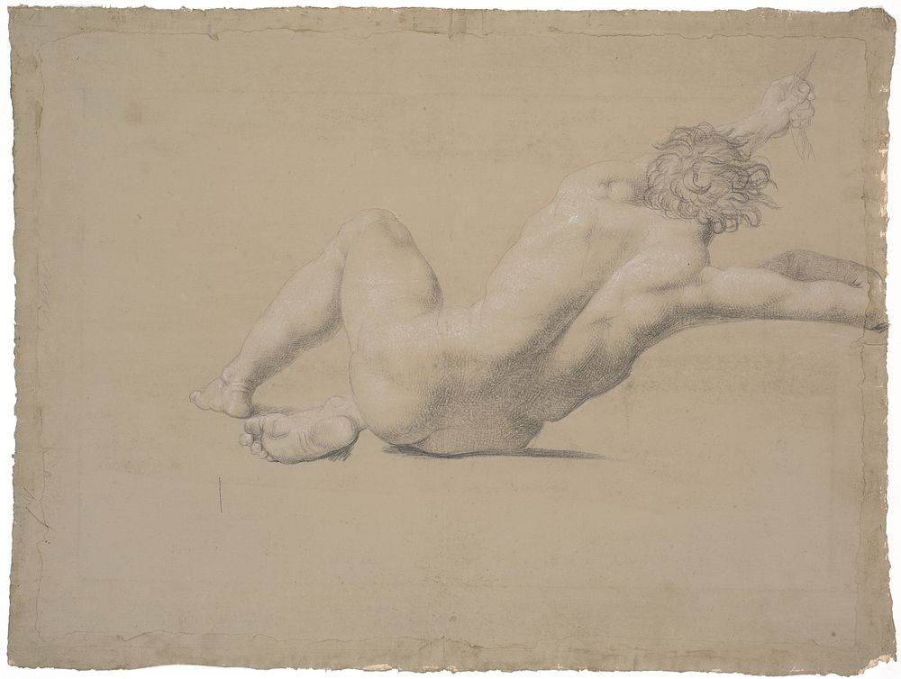 Semi-recumbent model. Seen from the back.Left arm extended, hand grasping a rope. Legs bent, right under left by Nicolai…