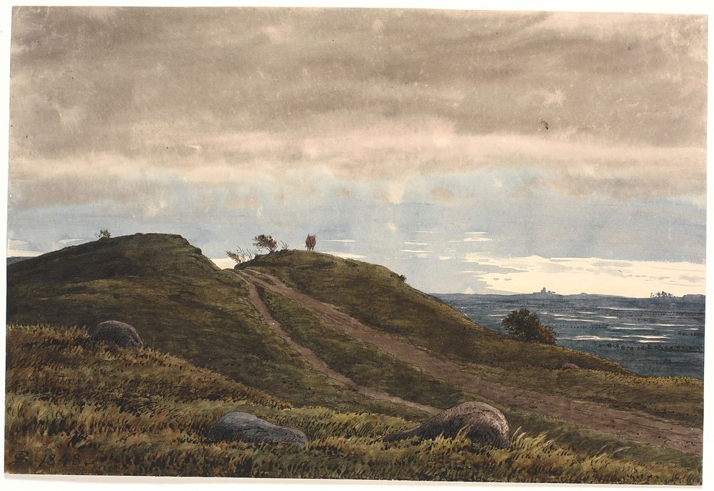 Landscape with a sandy road leading over a heather hill.To the right, a view of extensive land with peat bogs.From the…