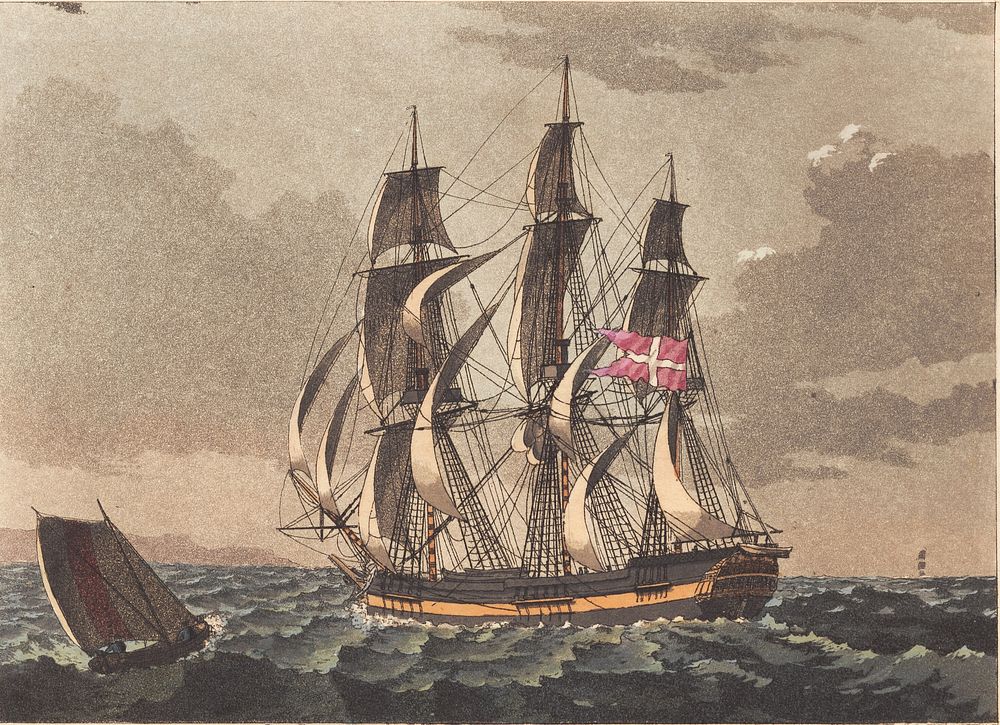 A lootsbaad and a Danish frigate ship for a blur by C.W. Eckersberg