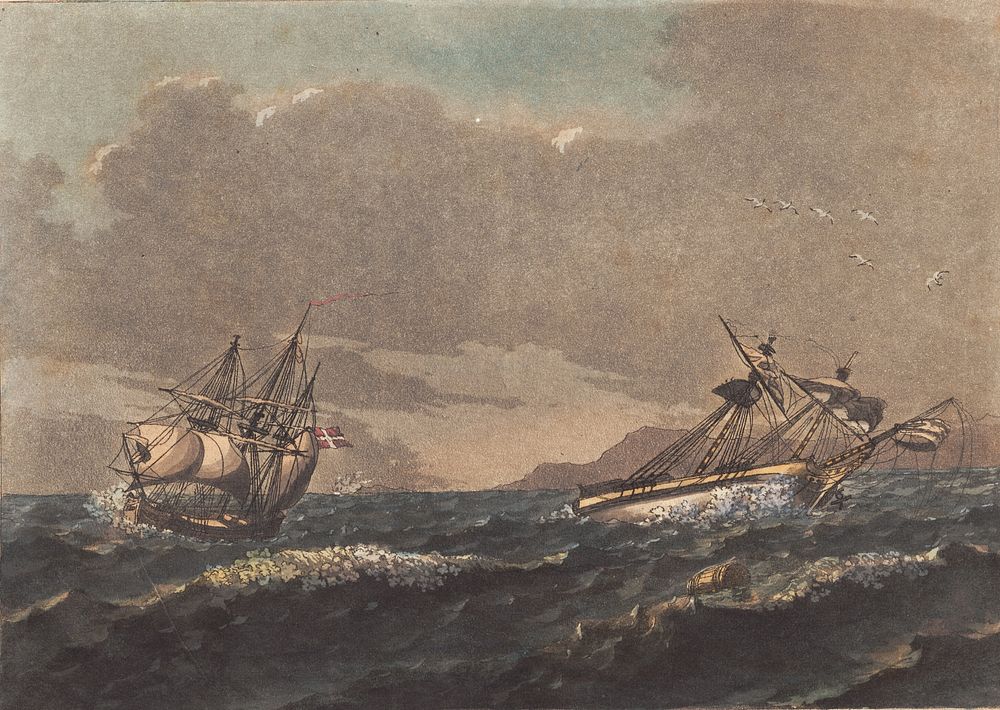 A ship clearing the land, and a brig, which, drifting at anchor, was wrecked on a blind rock by C.W. Eckersberg