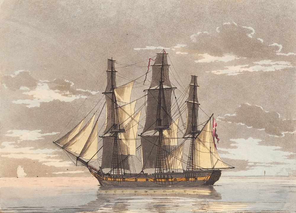 A Danish frigate with all sails set in a calm sea view by C.W. Eckersberg