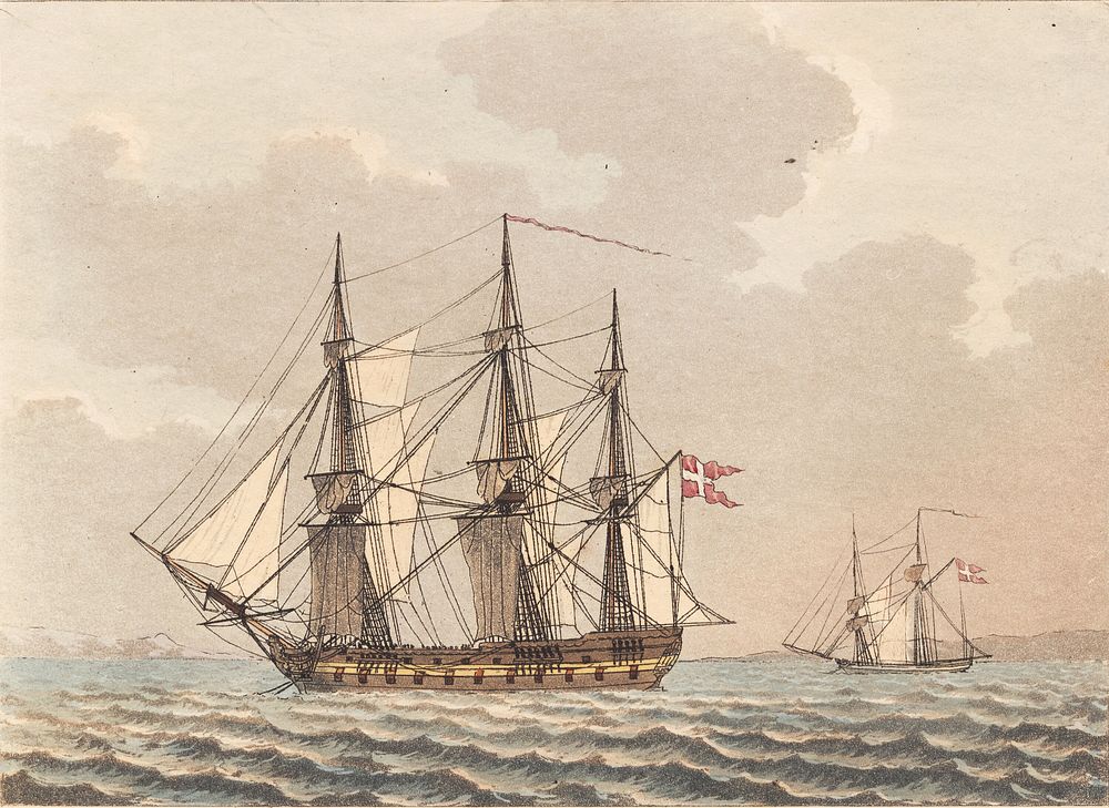 A Danish orlog ship at anchor, drying its ships by C.W. Eckersberg
