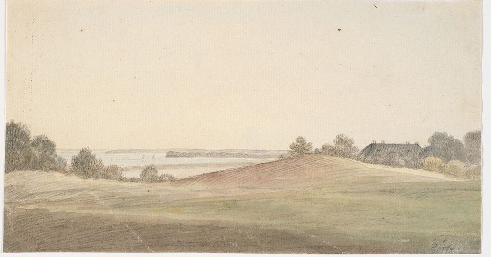 Landscape with water in the background and house t.h. by Martinus Rørbye