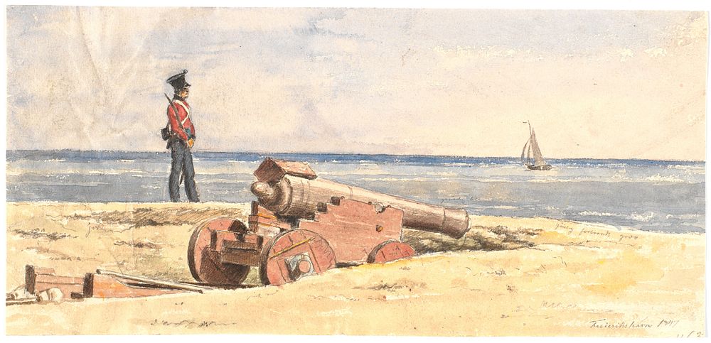 Sentinel and cannon on the beach at Frederikshavn by Martinus Rørbye
