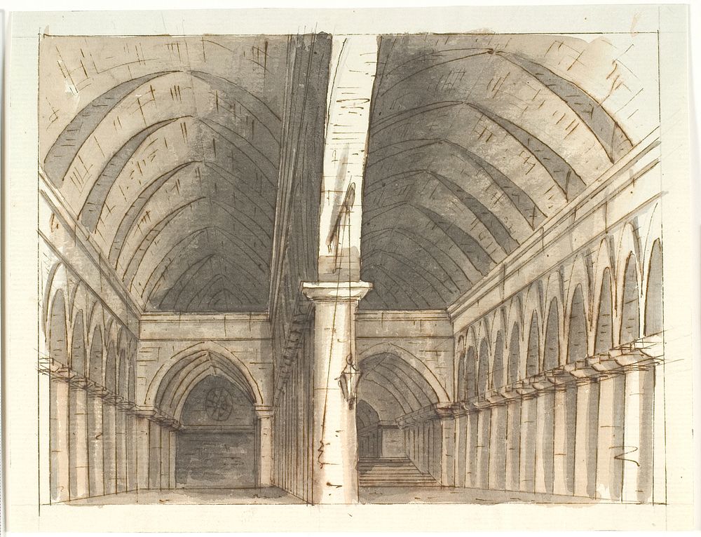 Interior of the lower floor of a church (?) with columns and vault by Aron Wallick
