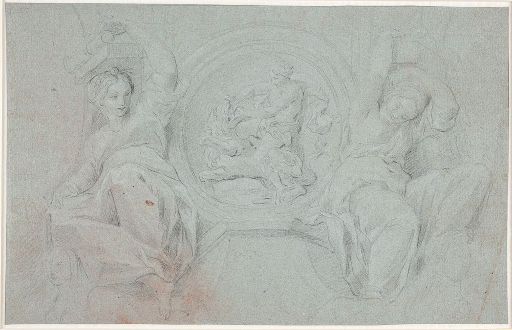 Two seated female figures around a medallion with Heracles' (or Samson's) fight with the lion by Hendrik Krock