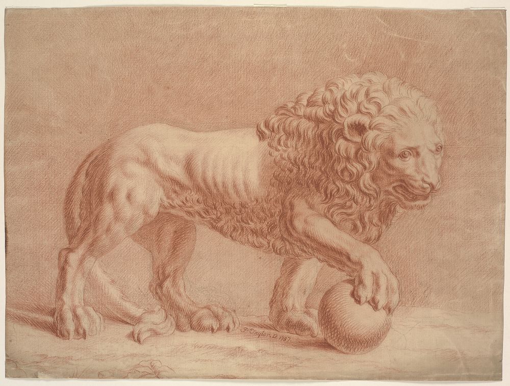 Lion, facing right, with right forepaw on globe by Isaac Taylor